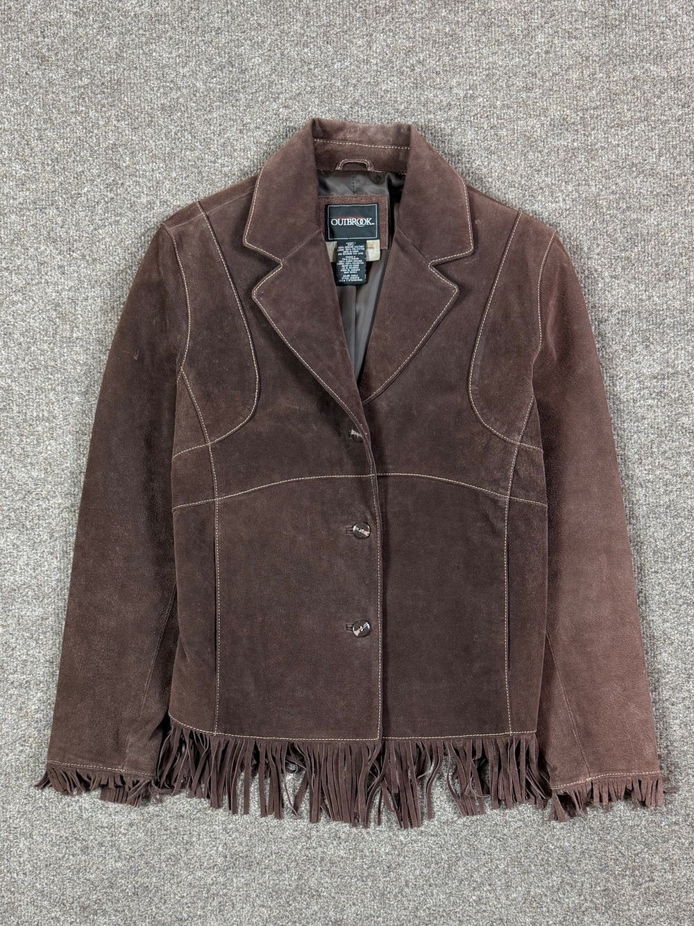 Vintage Outbrook Brown Suede Leather Western Fringe Trim Jacket Women’s Large - Picture 2 of 12